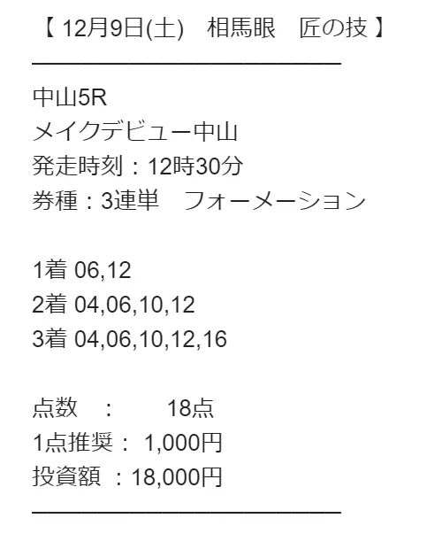 12月9日中山5Rの買い目