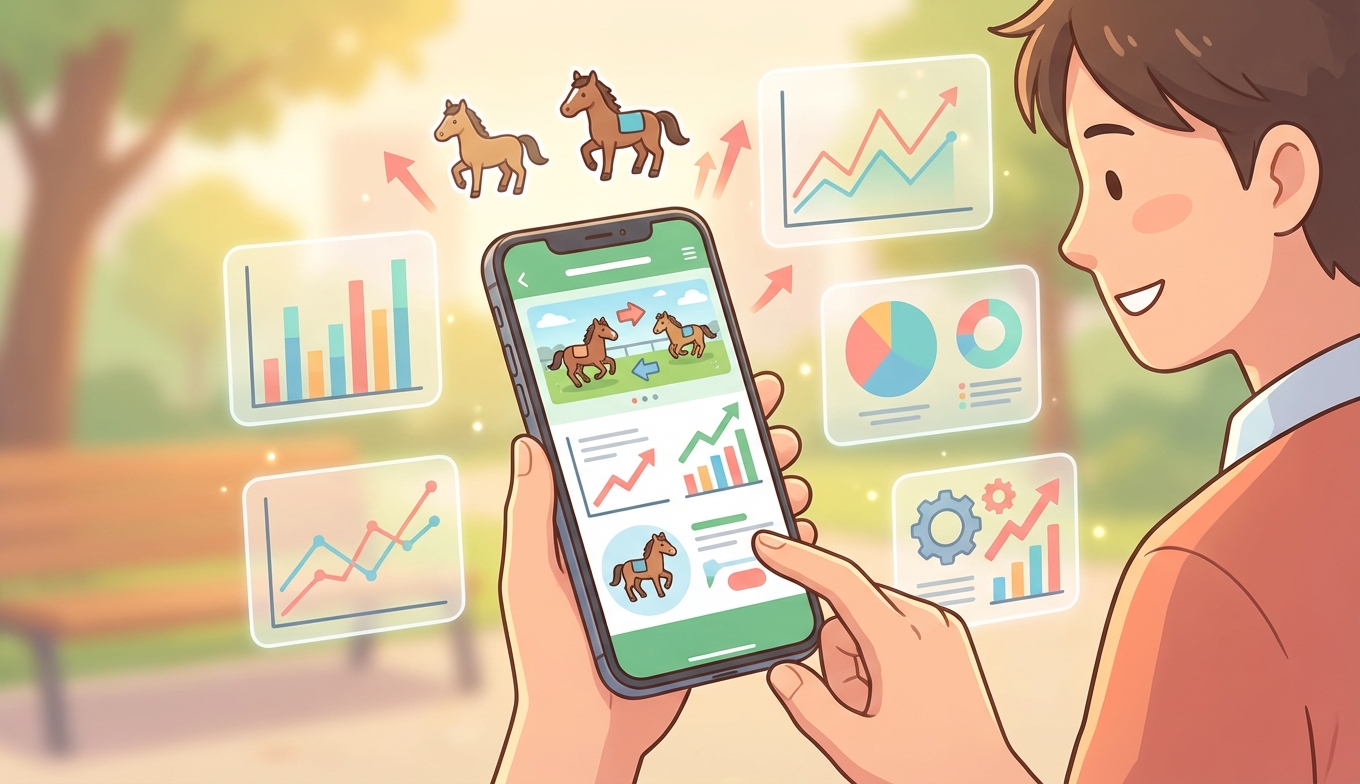 スマートフォンでAI競馬予想を使うイラスト