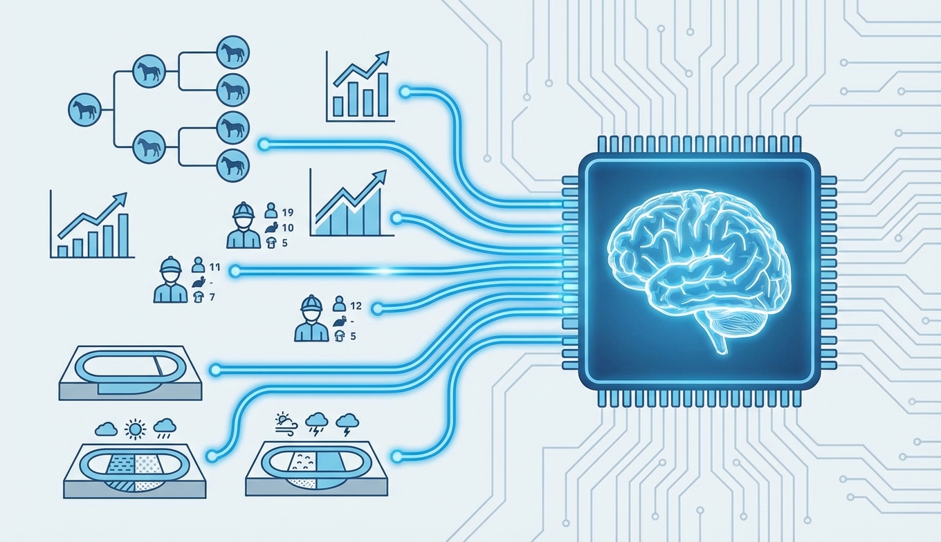 AIが競馬の各種データを分析するイラスト