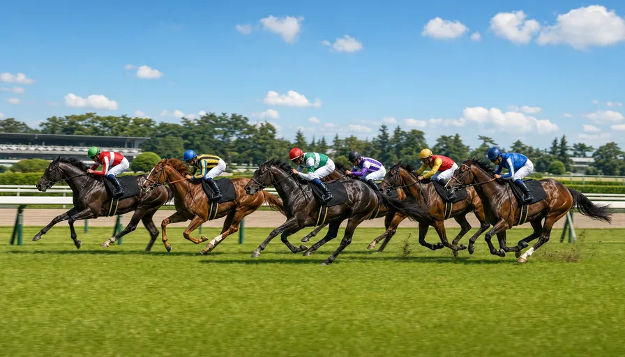 夏の新潟競馬場の直線を駆ける競走馬のイメージ