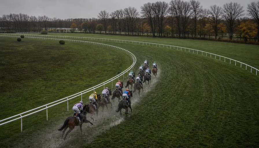 秋の欧州の競馬場で、雨に濡れた芝の上を馬群が大きなコーナーを回っていく場面を高い位置から捉えたイメージ
