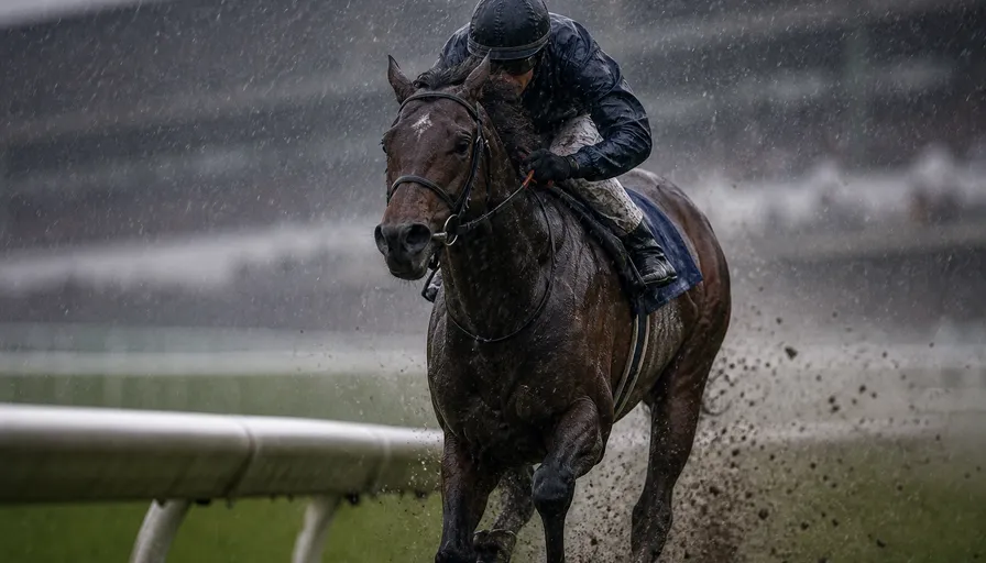 雨の降る競馬場で、泥をはねながら直線を追い込んでくる1頭をラチ際の低い位置から捉えたイメージ
