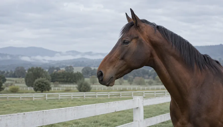 曇り空の下、牧柵のそばに立つ牡馬の横顔