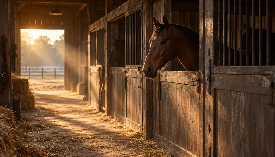 朝の光が差し込む種牡馬厩舎の通路と、馬房から顔を出す鹿毛の馬