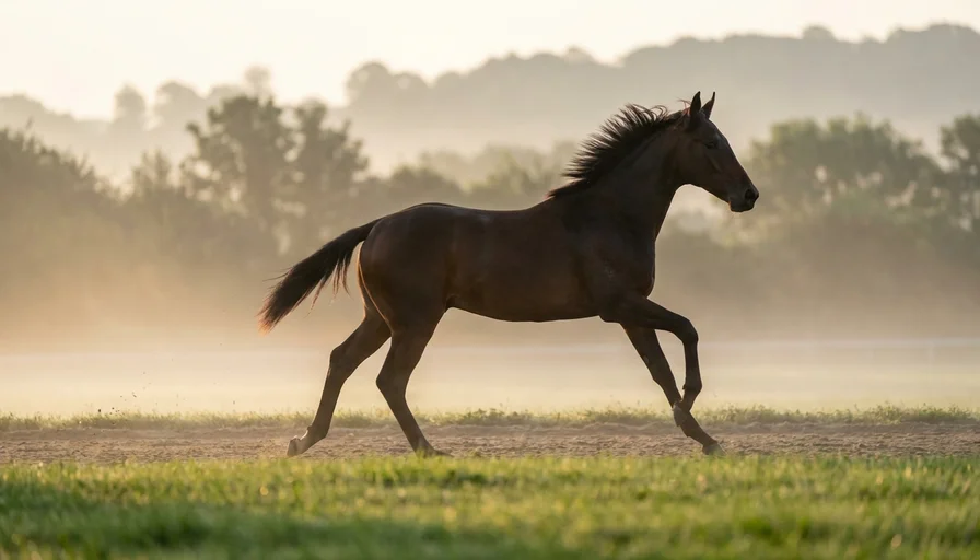 朝もやの中を駆けるサラブレッドのイメージ