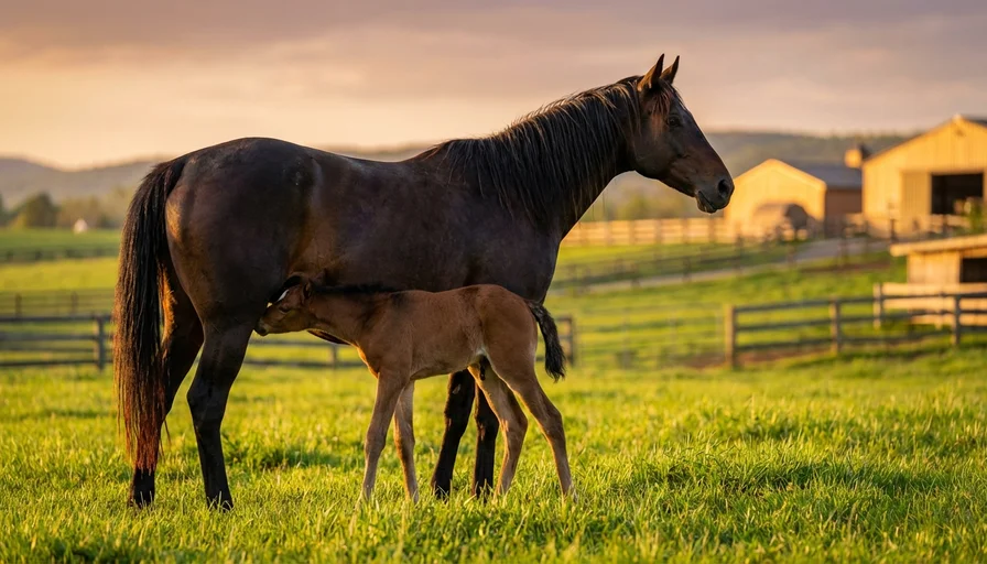 牧場で寄り添うサラブレッドの母子のイメージ