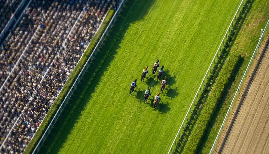 東京競馬場の長い直線を駆け抜ける競走馬の集団のイメージイラスト