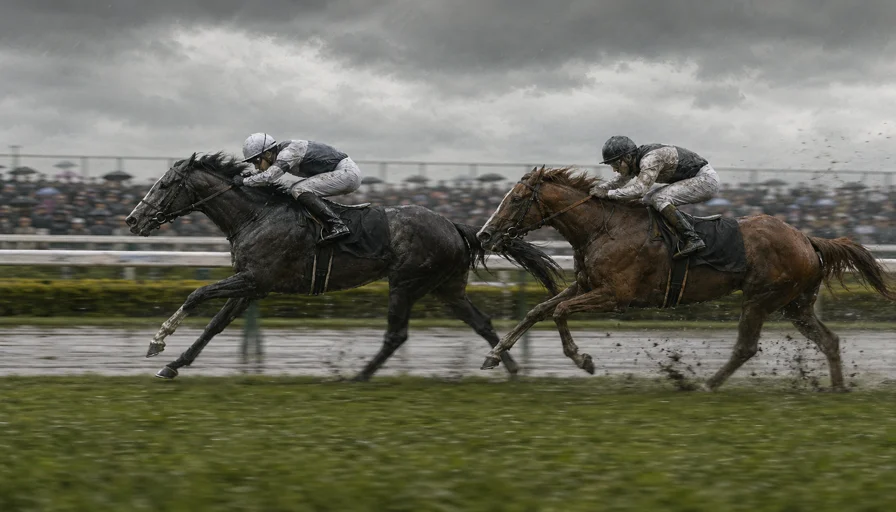 ゴール直前で苦しい走りを見せる競走馬のイメージイラスト