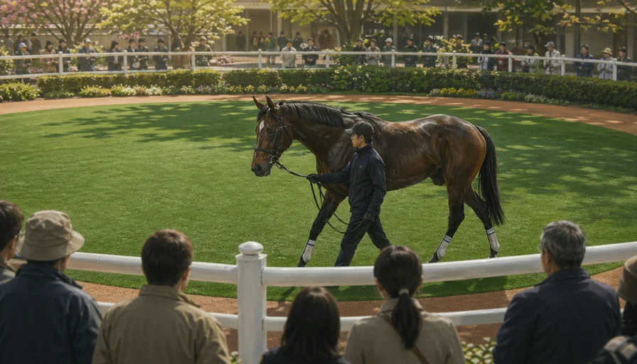 ダービー本番のパドックで歩く本命馬のイメージイラスト