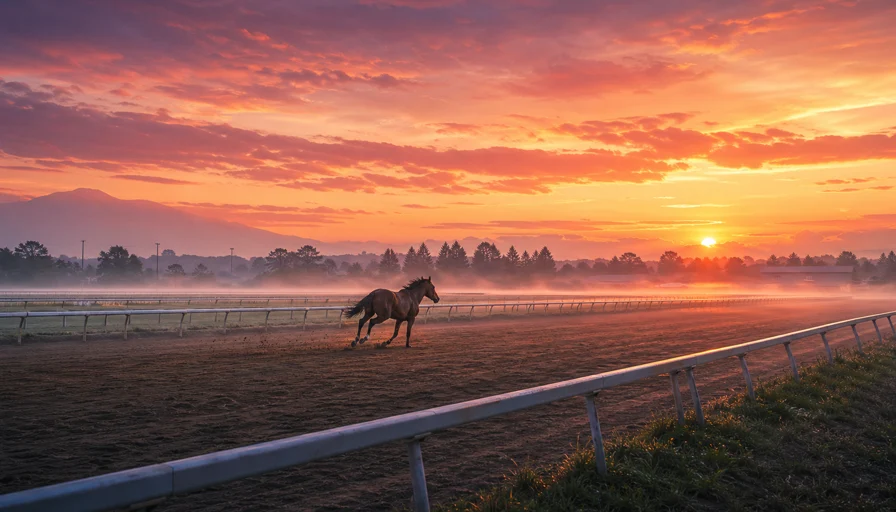 夜明けの調教場で疾走する若駒のイメージイラスト