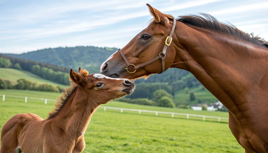 牧場で寄り添う親馬と仔馬のイラスト