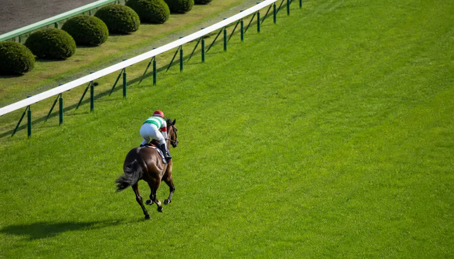 東京競馬場の長い直線を先頭で走る競走馬を斜め上から捉えたイメージ