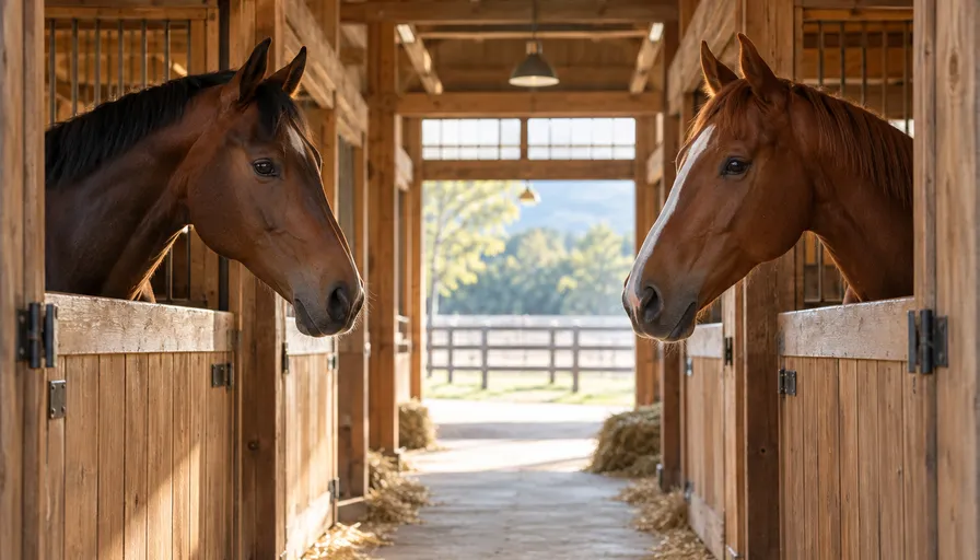 厩舎の向かい合う馬房から、それぞれ顔を出す2頭の馬のイメージ