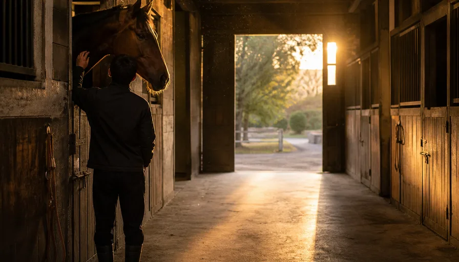 厩舎の廊下から差し込む朝の光のなかで、馬房から顔を出す1頭の馬と、その前に立つ人の後ろ姿のイメージ