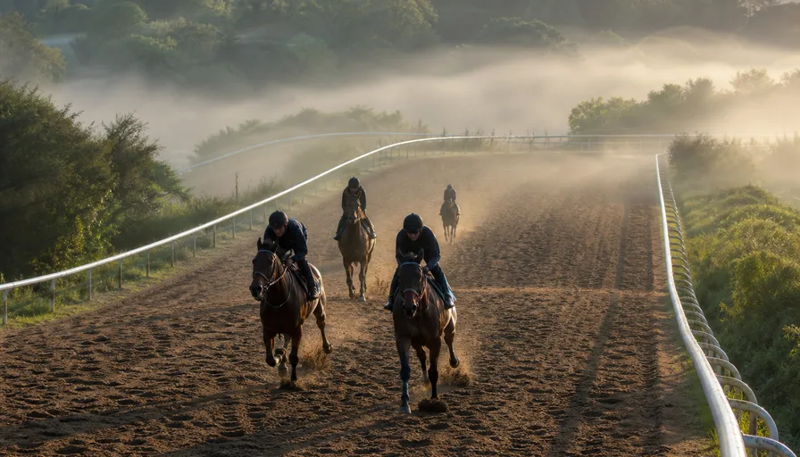早朝の坂路を、朝靄のなか数頭の馬が調教助手を乗せて駆け上がってくるところを高い位置から捉えたイメージ