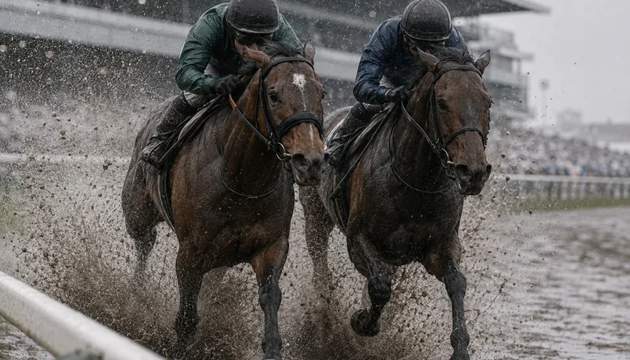 雨の競馬場で、泥と水しぶきを上げながら2頭の競走馬が横に並んで走ってくる場面のイメージ