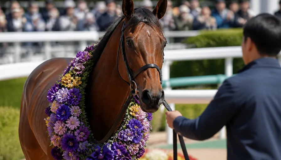 優勝レイをかけられた馬が口取りの場に立ち、まわりの人物は背を向けてぼやけている昼のイメージ