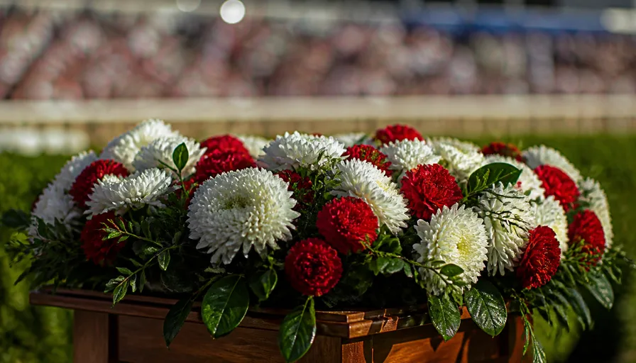 ウイナーズサークルに置かれた優勝馬用の花輪を近景で捉えたイメージ。背景の観客席はぼかしている