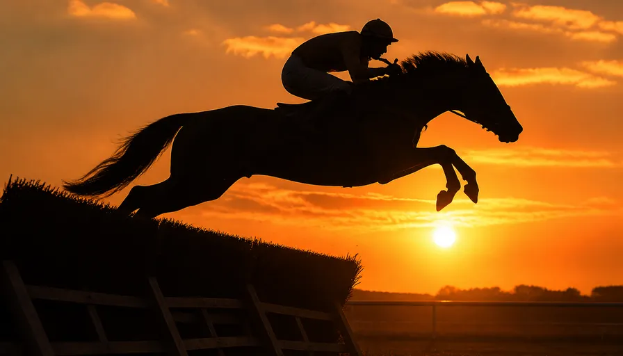 障害コースの竹柵を飛び越える競走馬を夕方の逆光でシルエットとして捉えたイメージ