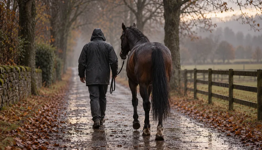 秋の小雨の中、並木の道を引かれて歩く黒鹿毛の牡馬の後ろ姿