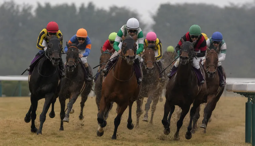 薄曇りの空の下、枯れ色の芝コースを正面から走ってくる競走馬の馬群のイメージ
