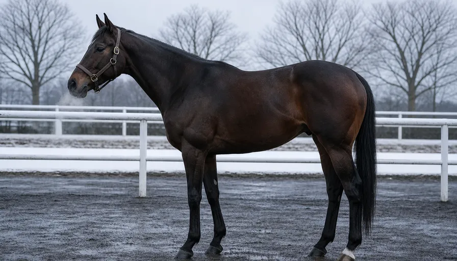 雪の残る冬の馬場で、白い息を吐きながら静かに佇む鹿毛の競走馬のイメージ