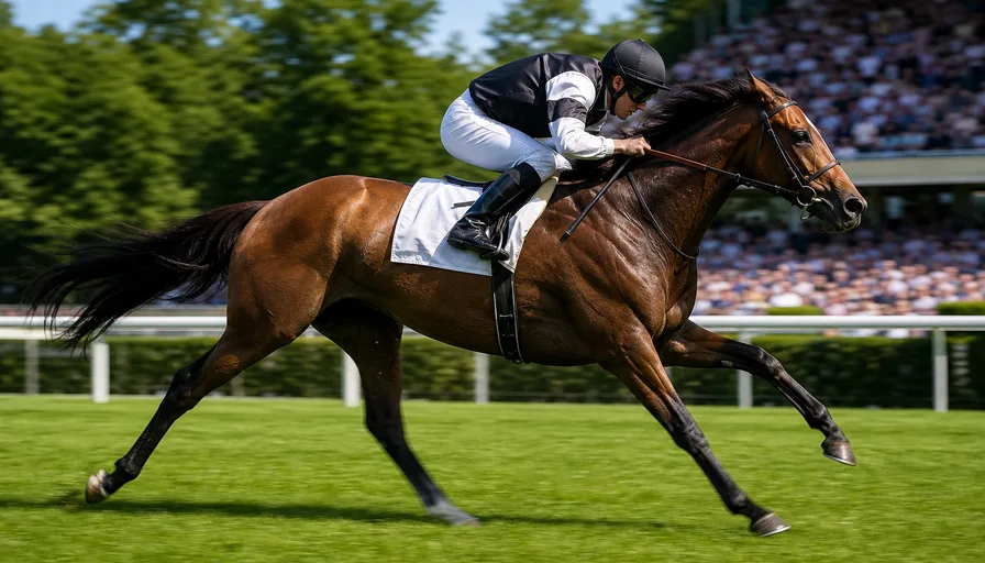 夏の芝コースを先頭で駆ける競走馬のイメージ