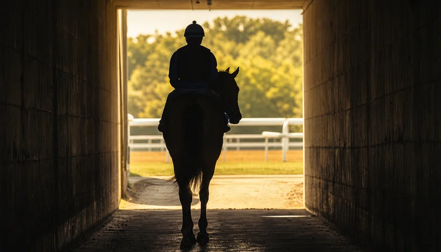 薄暗い地下馬道から光の差す出口へ向かう若い競走馬と騎手のイメージ