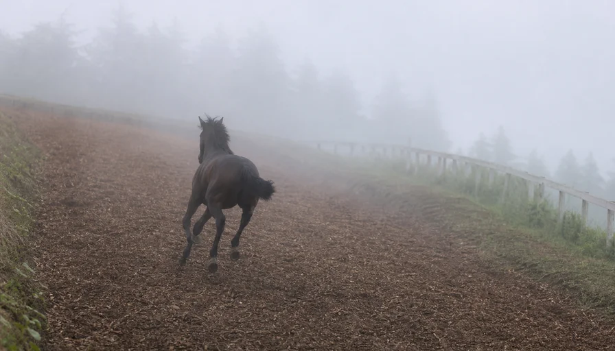 霧に包まれた早朝の坂路コースを駆け上がる若い馬のイメージ