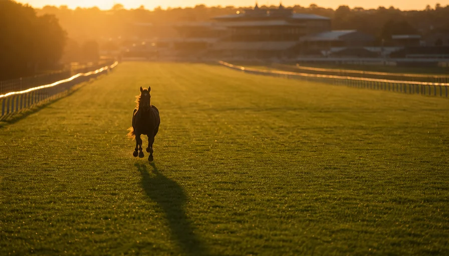 夕方の逆光の中、広い芝の直線を走る若い馬のイメージ