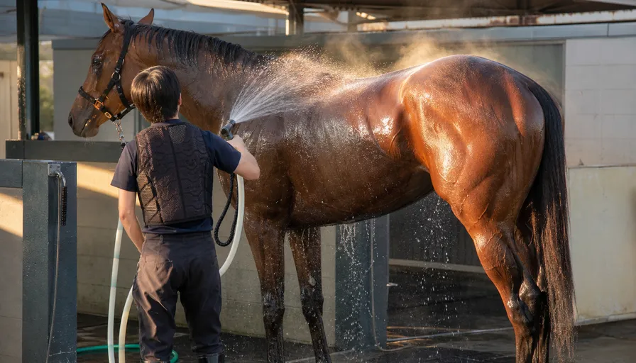 夏のレース後に水を浴びて体を冷ます競走馬のイメージ