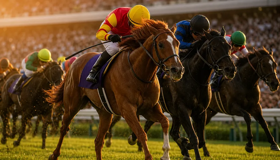 夏の夕暮れのゴール前で競り合う競走馬たちのイメージ
