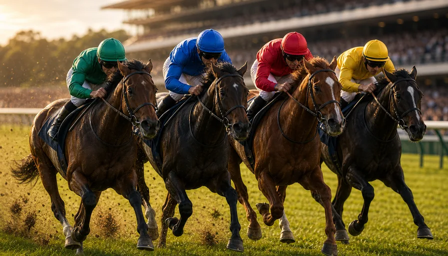 夕暮れの競馬場で最終直線を追い比べる4頭のサラブレッドのイメージイラスト