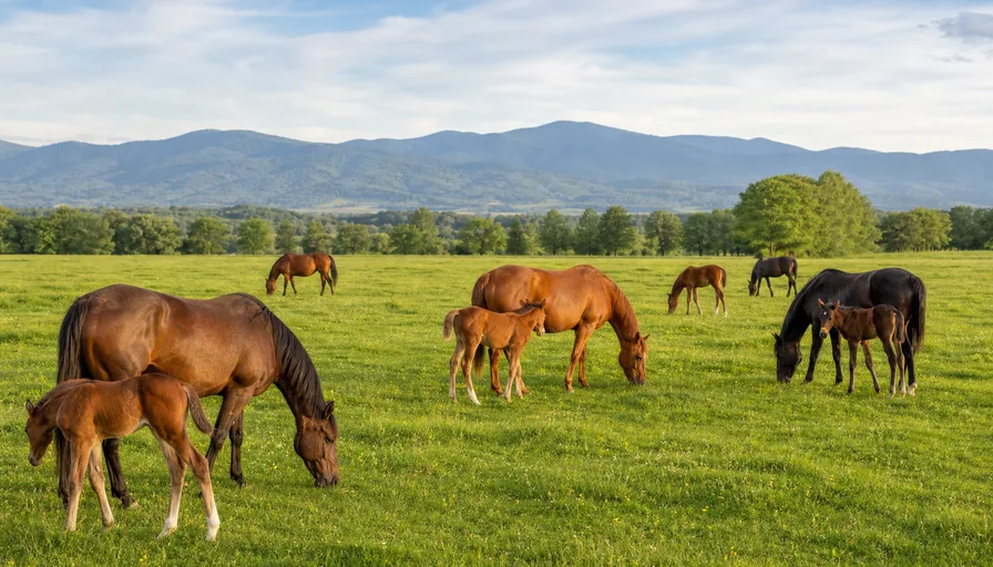 夏の牧場で草を食む複数の繁殖牝馬と仔馬の群れのイメージイラスト