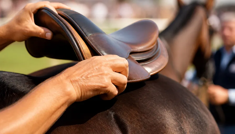 パドックで馬の背に鞍が置かれる直前の手元を近景で捉えたイメージ。背景はぼかしている