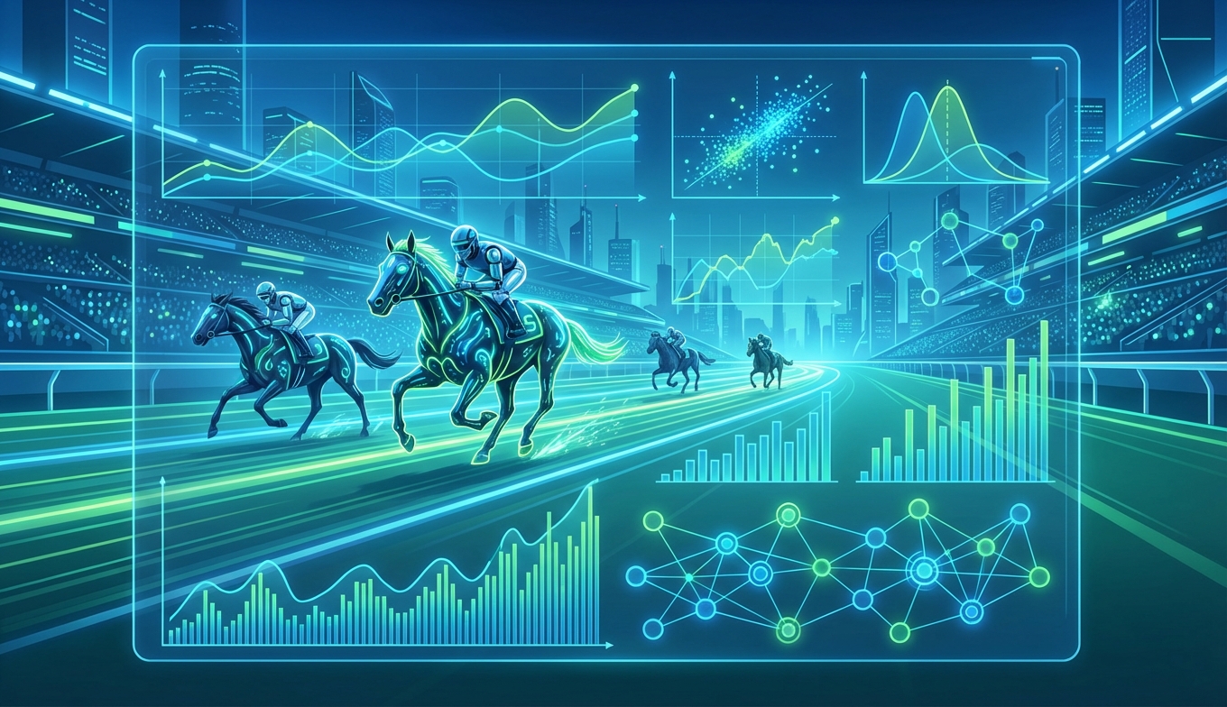 AIが競馬データを分析する未来的なイラスト